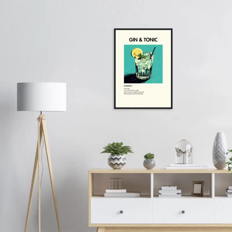 Bild på en av våra drinkposters, med motiv av drinken Gin & Tonic.