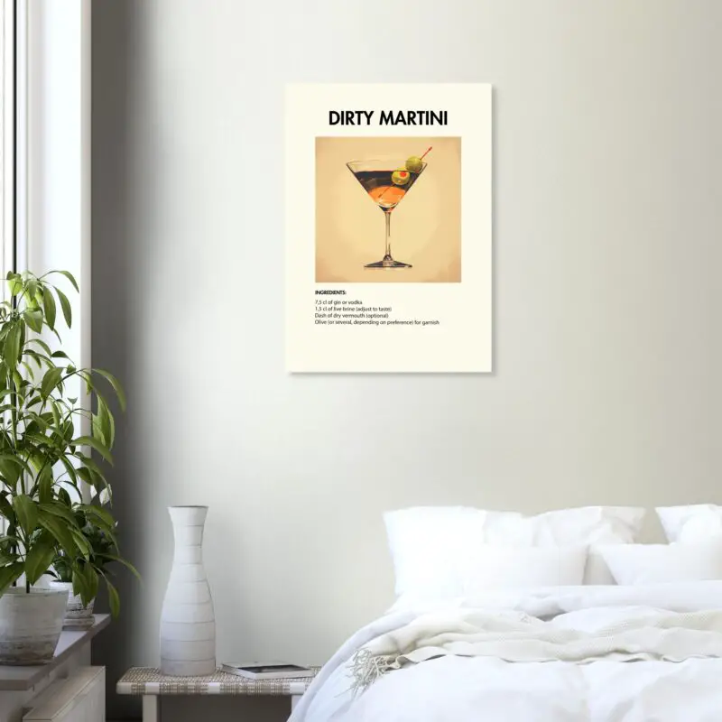 Bild på en av våra drinkposters, med motiv av drinken Dirty Martini.