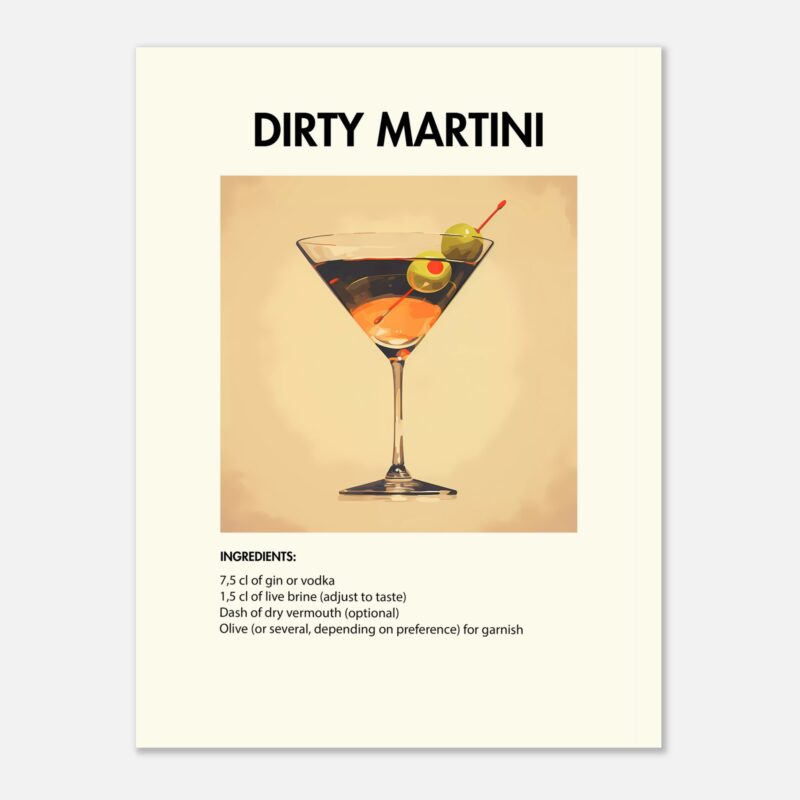 Bild på en av våra drinkposters, med motiv av drinken Dirty Martini.