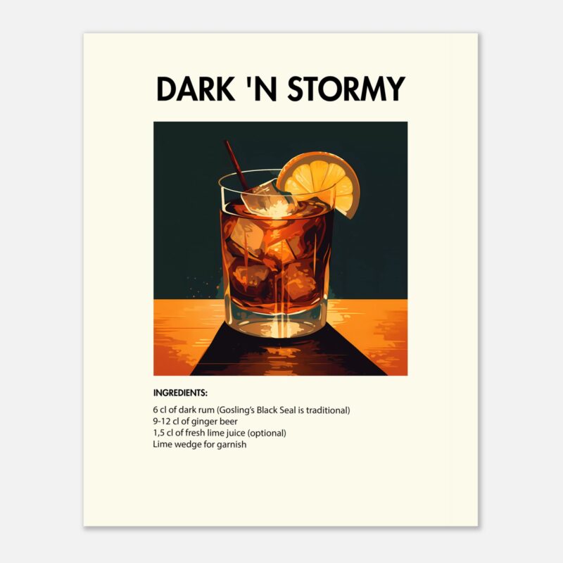 Bild på en av våra drinkposters, med motiv av drinken Dark n Stormy.