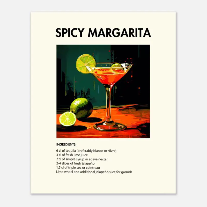 Bild på en av våra drinkposters, med motiv av drinken Spicy Margarita.