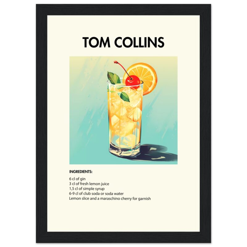 Bild på en av våra drinkposters, med motiv av drinken Tom Collins.