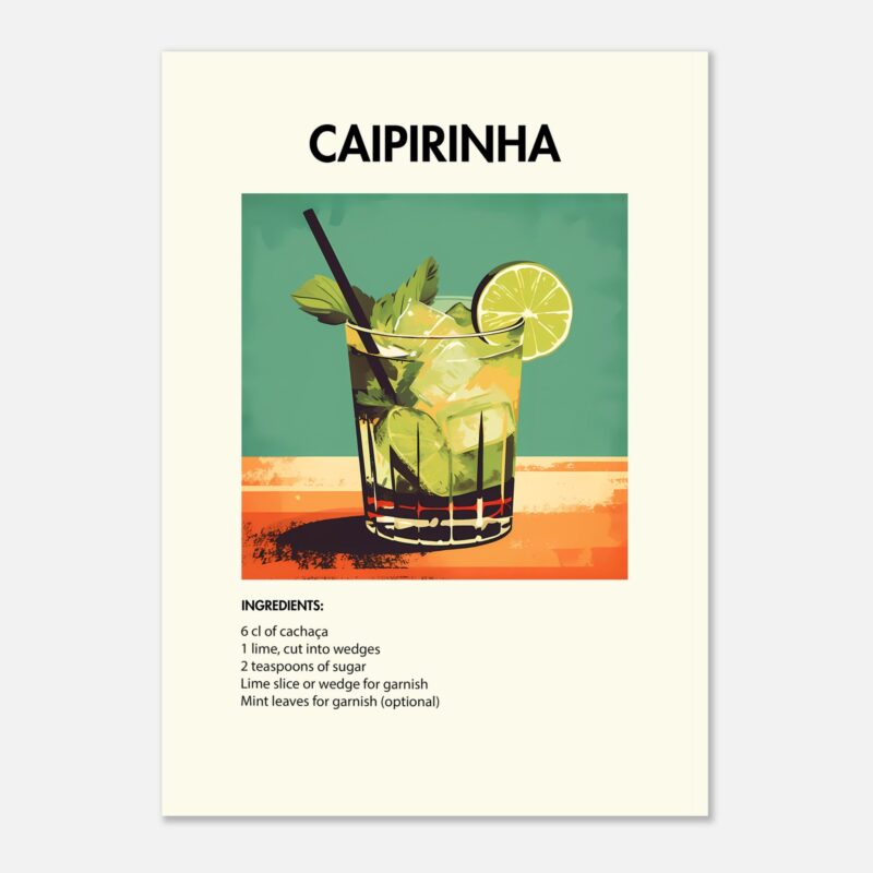 Bild på en av våra drinkposters, med motiv av drinken Caipirinha.