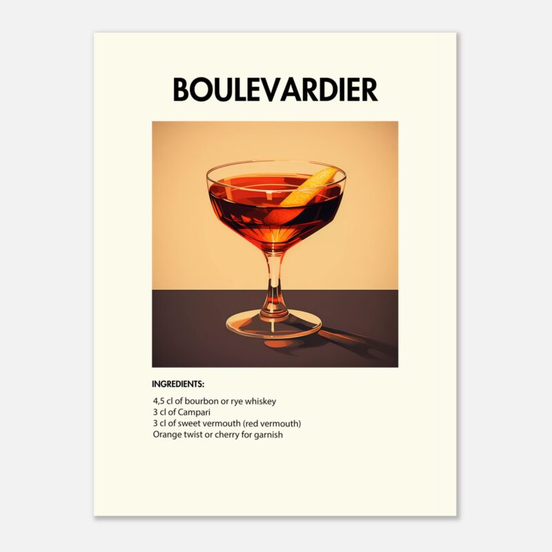 Bild på en av våra drinkposters, med motiv av drinken Boulevardier.