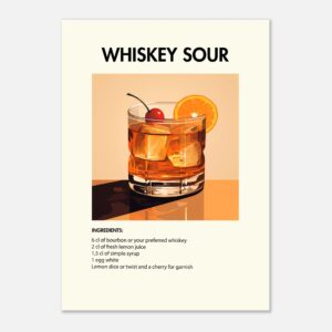 Bild på en av våra drinkposters, med motiv av drinken Whiskey Sour.