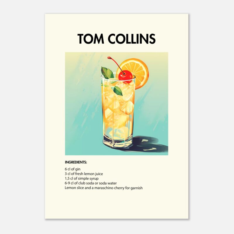 Bild på en av våra drinkposters, med motiv av drinken Tom Collins.