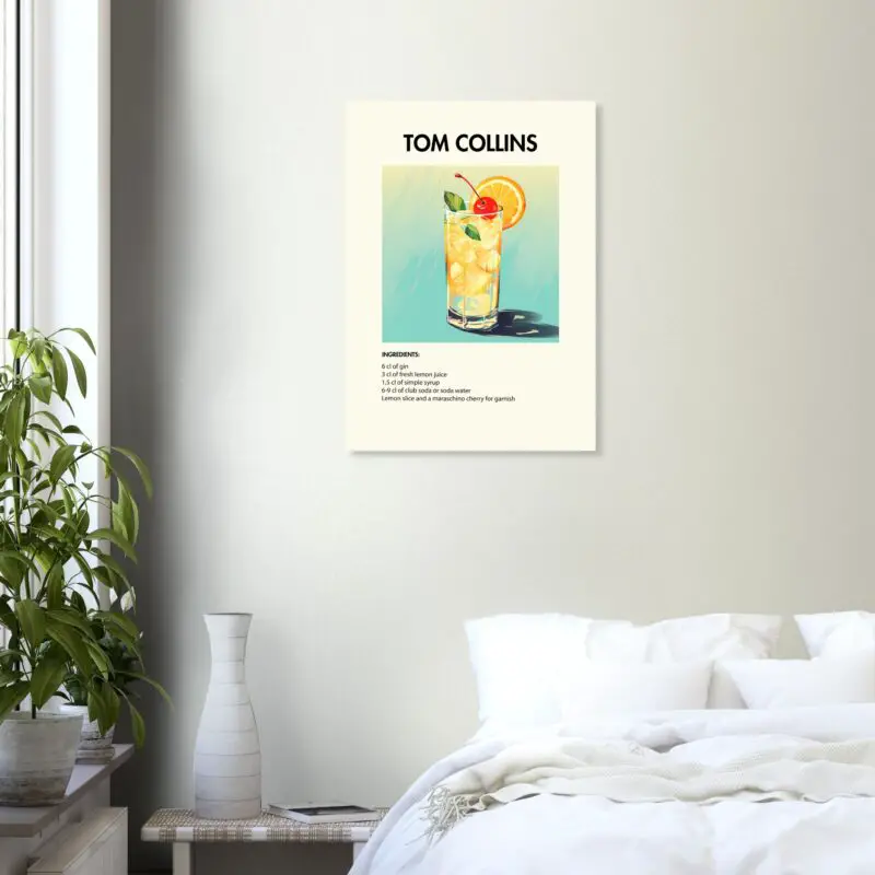 Bild på en av våra drinkposters, med motiv av drinken Tom Collins.