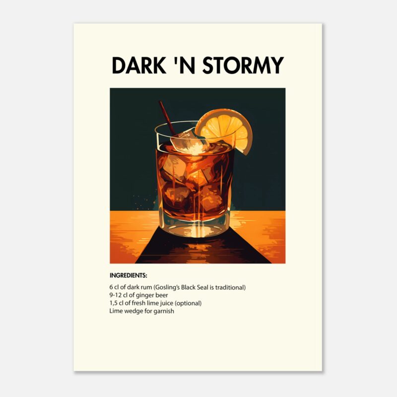 Bild på en av våra drinkposters, med motiv av drinken Dark n Stormy.