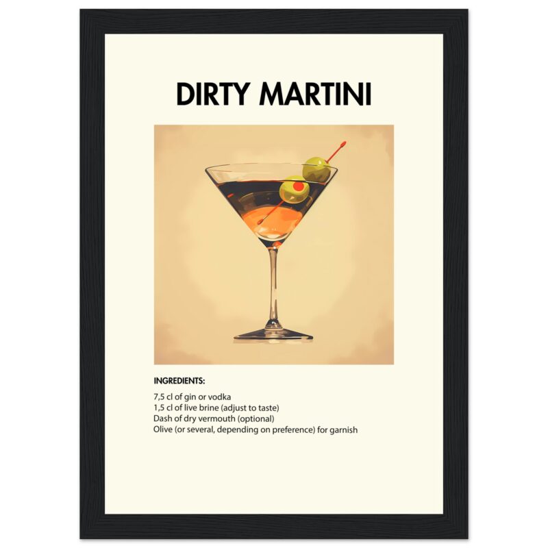 Bild på en av våra drinkposters, med motiv av drinken Dirty Martini.