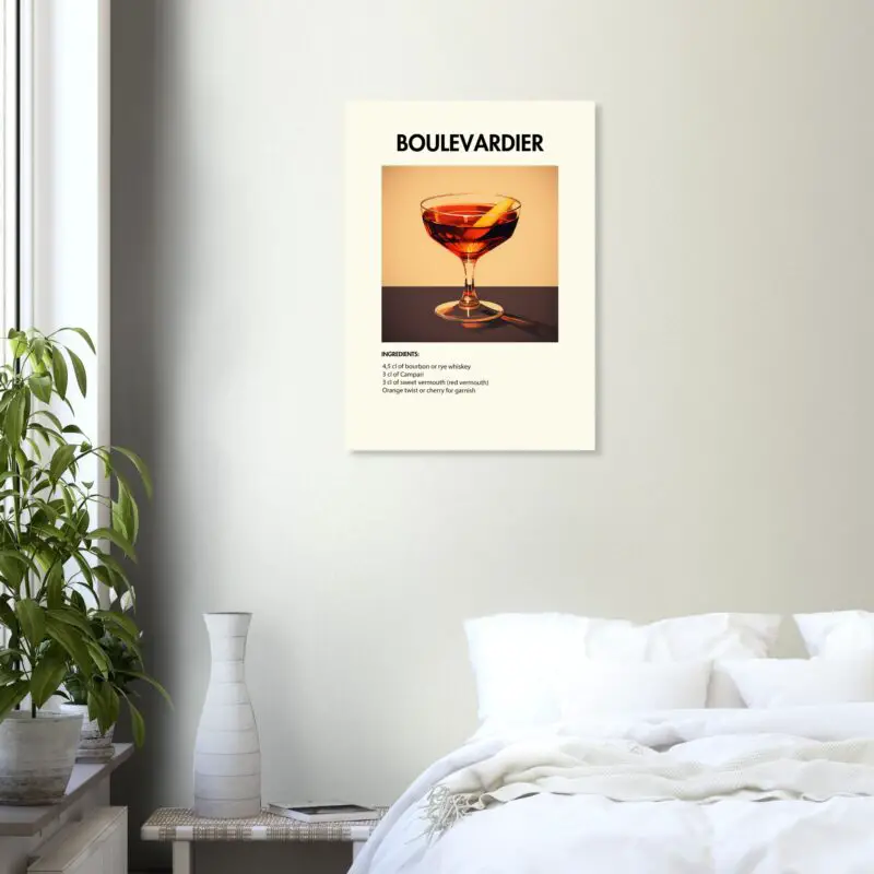 Bild på en av våra drinkposters, med motiv av drinken Boulevardier.