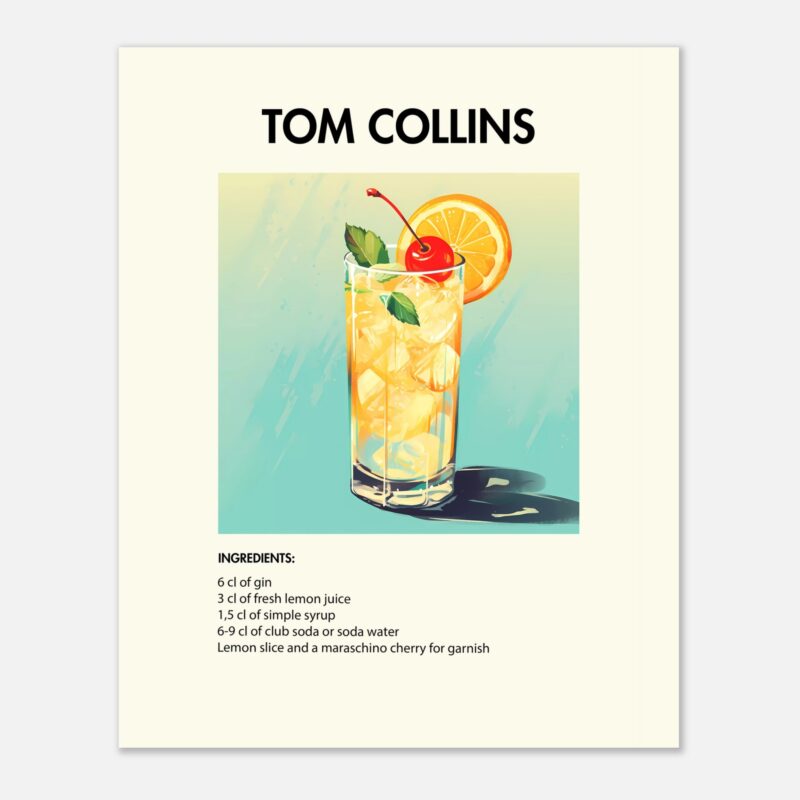 Bild på en av våra drinkposters, med motiv av drinken Tom Collins.