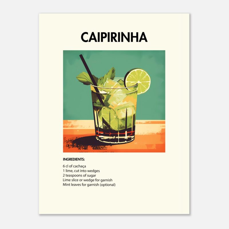 Bild på en av våra drinkposters, med motiv av drinken Caipirinha.