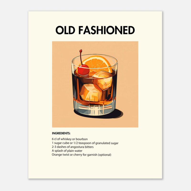 Bild på en av våra drinkposters, med motiv av drinken Old Fashioned.