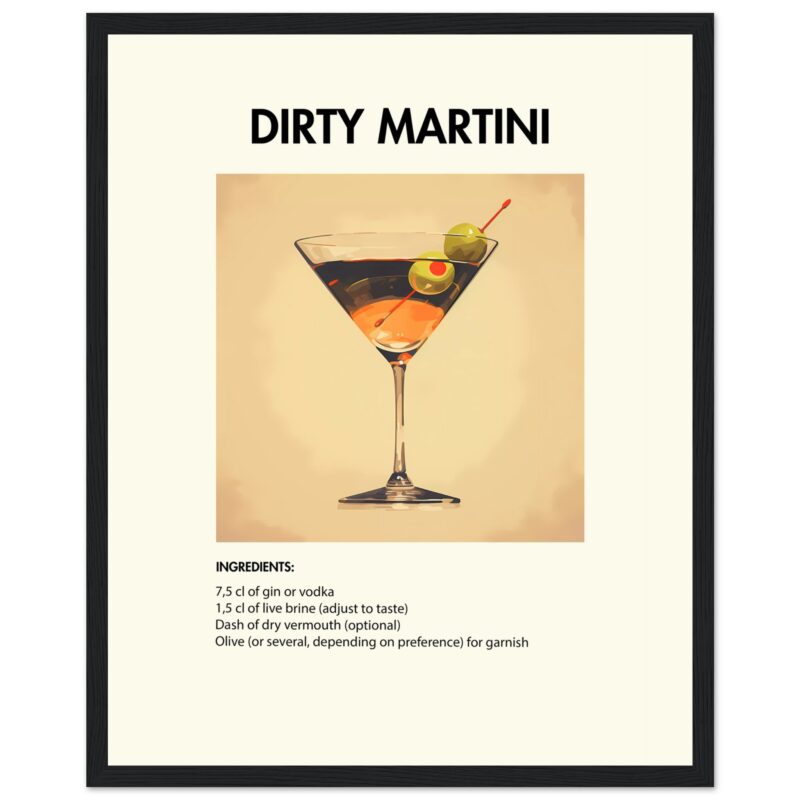 Bild på en av våra drinkposters, med motiv av drinken Dirty Martini.