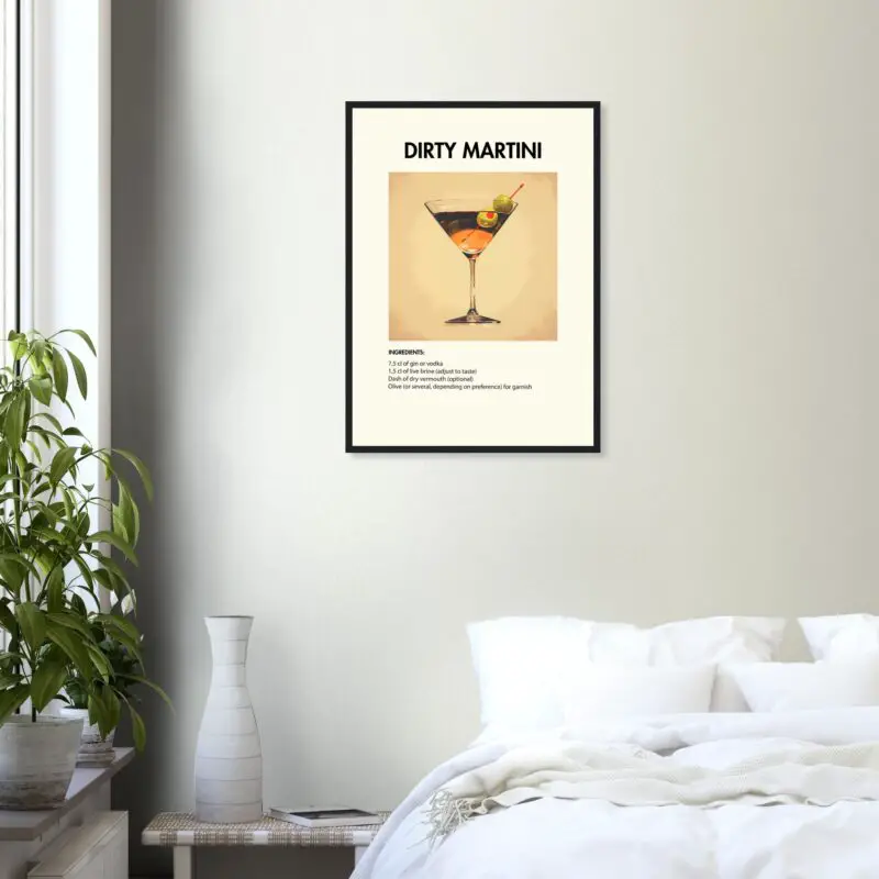 Bild på en av våra drinkposters, med motiv av drinken Dirty Martini.