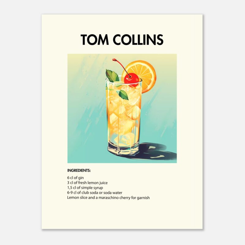 Bild på en av våra drinkposters, med motiv av drinken Tom Collins.