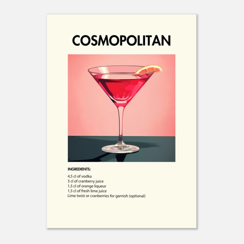 Bild på en av våra drinkposters, med motiv av drinken Cosmopolitan.