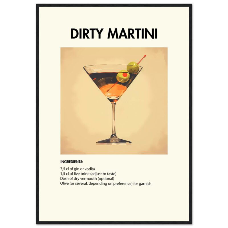 Bild på en av våra drinkposters, med motiv av drinken Dirty Martini.