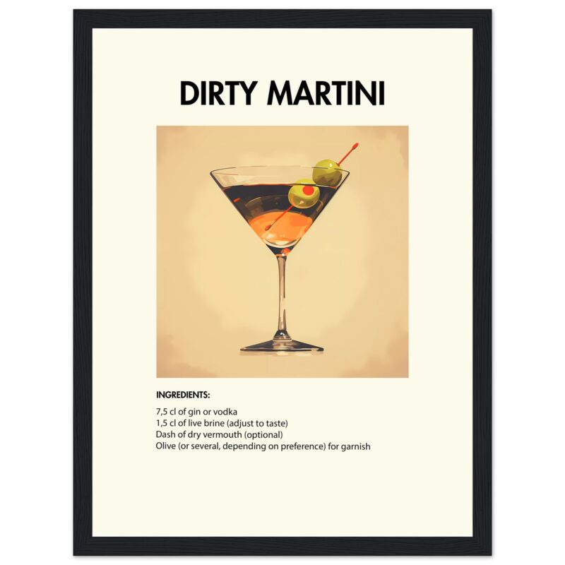 Bild på en av våra drinkposters, med motiv av drinken Dirty Martini.