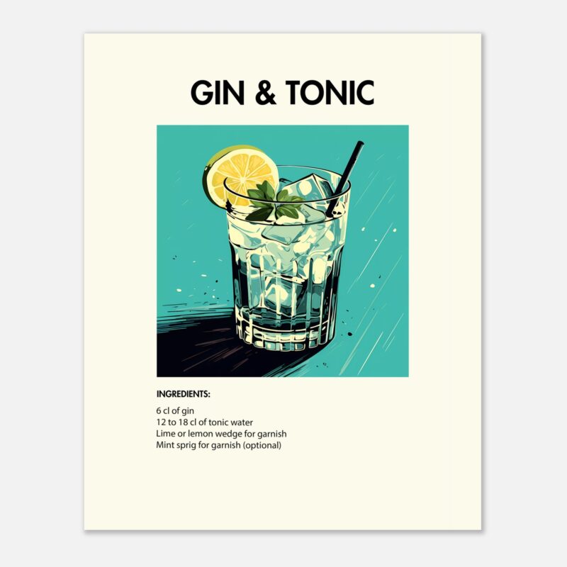 Bild på en av våra drinkposters, med motiv av drinken Gin & Tonic.