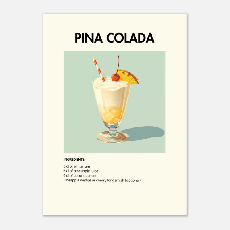 Bild på en av våra drinkposters, med motiv av drinken Pina Colada.