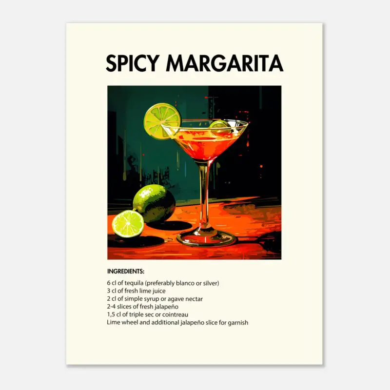 Bild på en av våra drinkposters, med motiv av drinken Spicy Margarita.