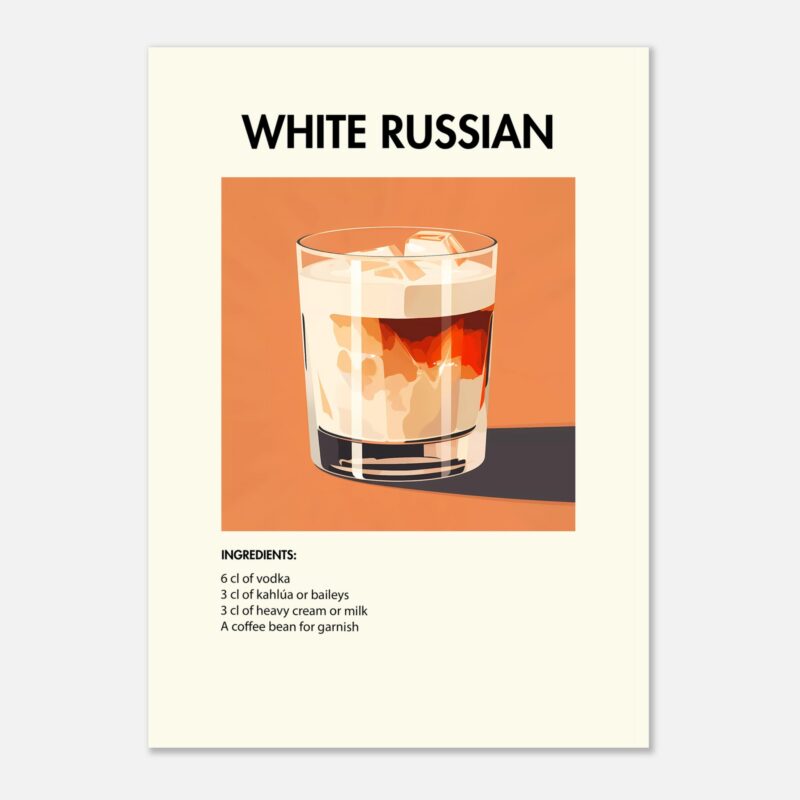 Bild på en av våra drinkposters, med motiv av drinken White Russian.