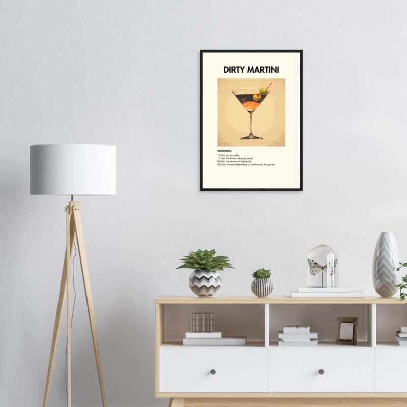 Bild på en av våra drinkposters, med motiv av drinken Dirty Martini.