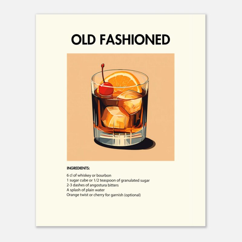 Bild på en av våra drinkposters, med motiv av drinken Old Fashioned.