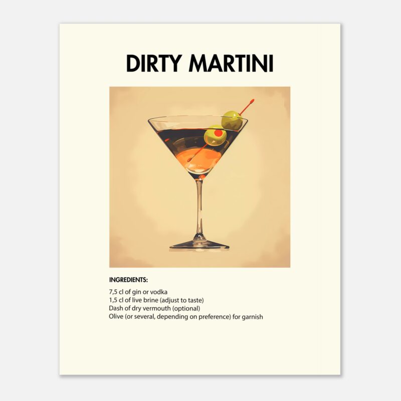 Bild på en av våra drinkposters, med motiv av drinken Dirty Martini.