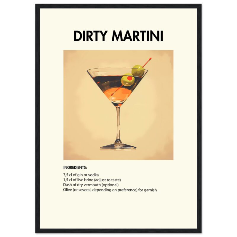 Bild på en av våra drinkposters, med motiv av drinken Dirty Martini.