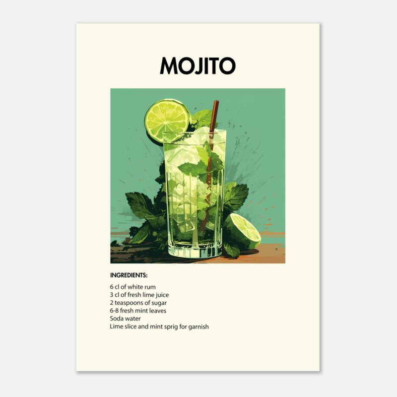 Bild på en av våra drinkposters, med motiv av drinken Mojito.