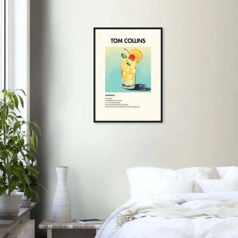 Bild på en av våra drinkposters, med motiv av drinken Tom Collins.