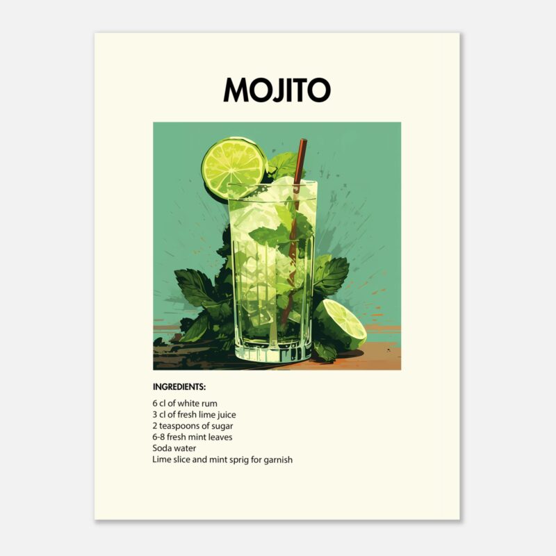 Bild på en av våra drinkposters, med motiv av drinken Mojito.