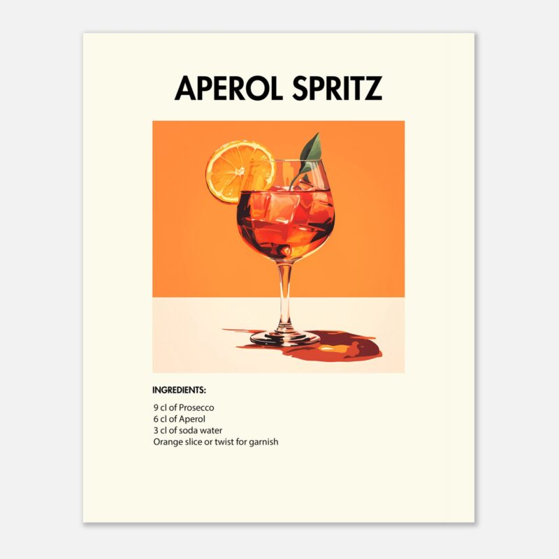 Bild på en av våra drinkposters, med motiv av drinken Aperol Spritz.