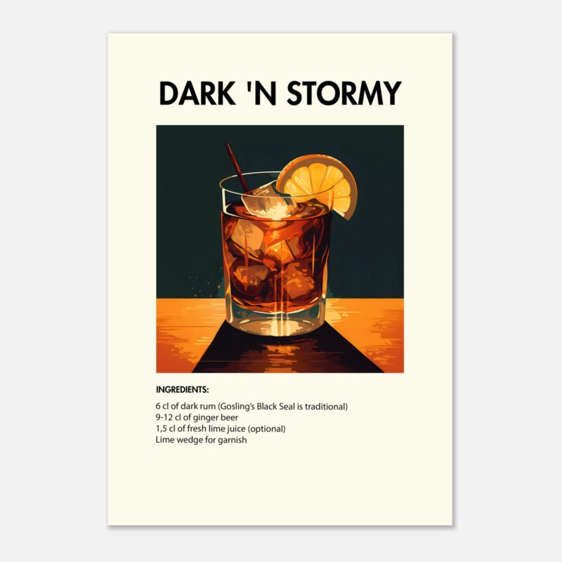 Bild på en av våra drinkposters, med motiv av drinken Dark n Stormy.