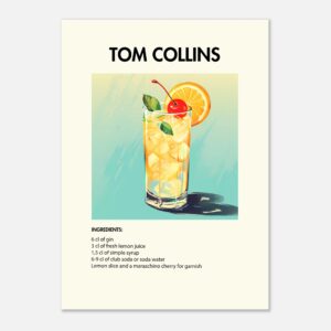 Bild på en av våra drinkposters, med motiv av drinken Tom Collins.