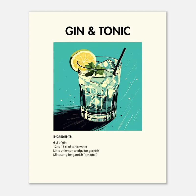 Bild på en av våra drinkposters, med motiv av drinken Gin & Tonic.