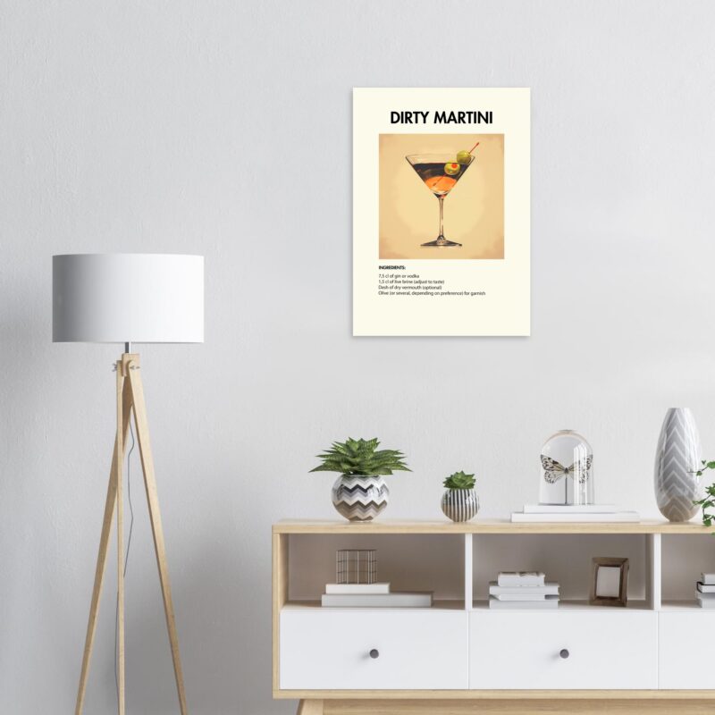 Bild på en av våra drinkposters, med motiv av drinken Dirty Martini.