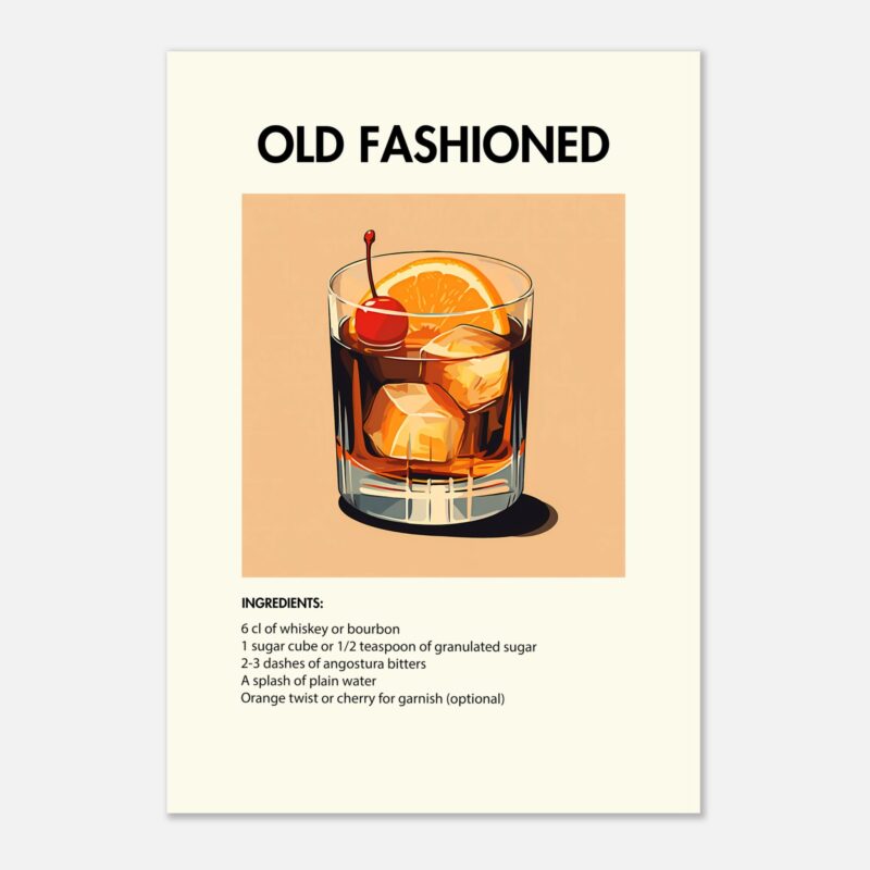 Bild på en av våra drinkposters, med motiv av drinken Old Fashioned.