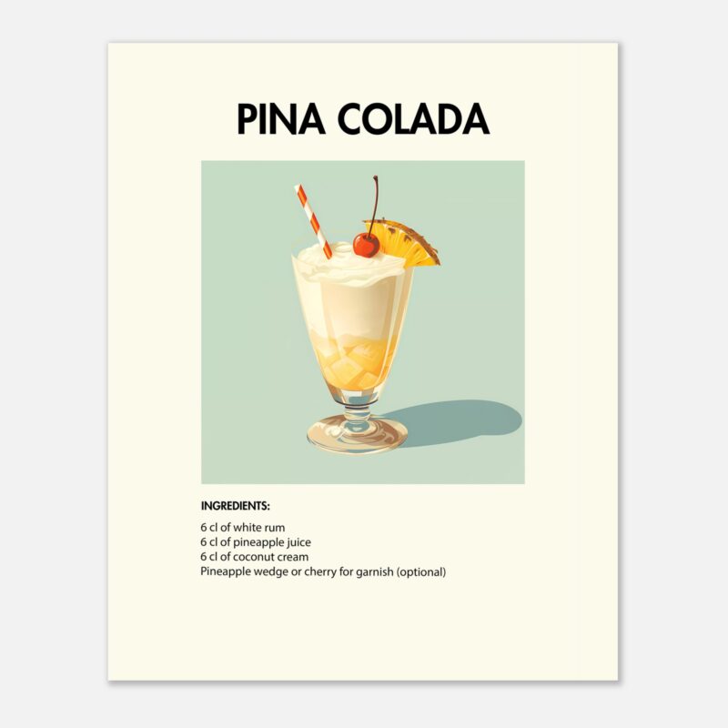 Bild på en av våra drinkposters, med motiv av drinken Pina Colada.