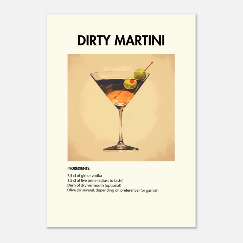 Bild på en av våra drinkposters, med motiv av drinken Dirty Martini.