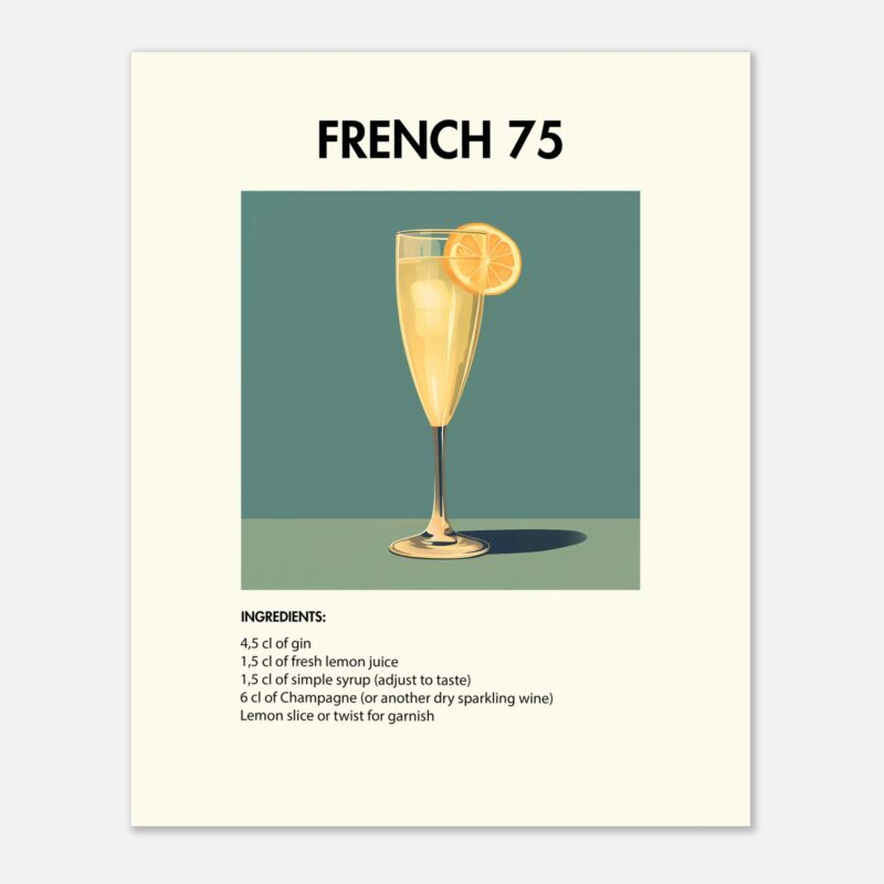 Bild på en av våra drinkposters, med motiv av drinken French 75.